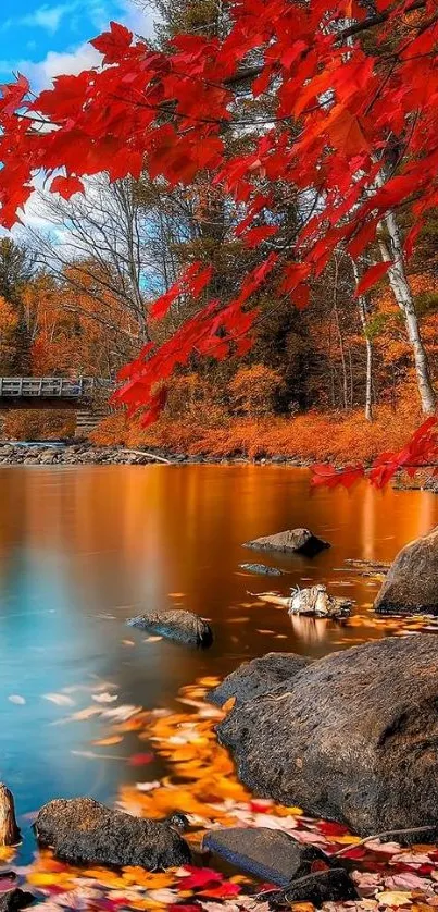 Autumn lake with red foliage and reflections.