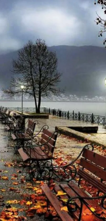 Autumn lakeside with benches and fallen leaves under a cloudy sky.