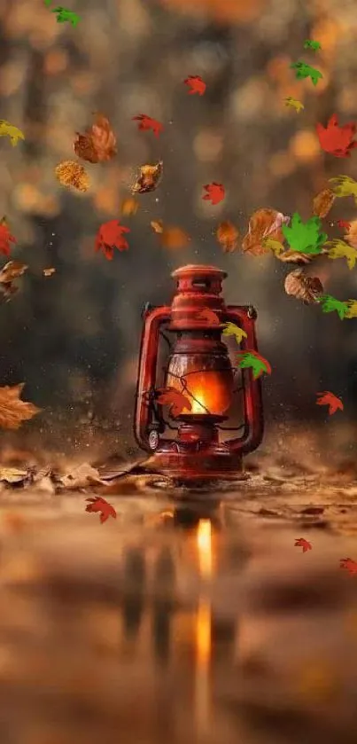 Beautiful autumn wallpaper with a glowing lantern and falling leaves.