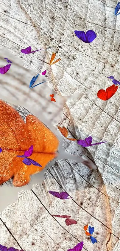 Autumn leaf with butterflies on wood texture wallpaper.