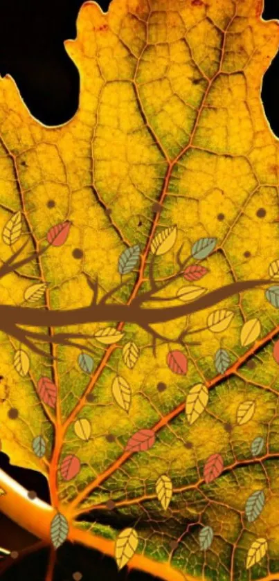 Yellow autumn leaf with artistic pattern on a mobile wallpaper.