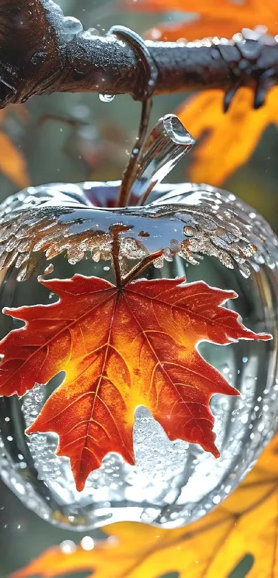 Translucent apple with vibrant autumn leaf inside and droplets on branch.