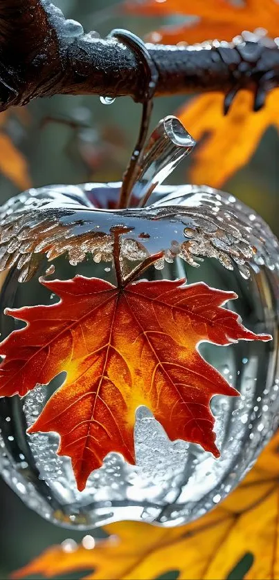 Glass orb with vibrant autumn leaf inside, hanging on a branch.