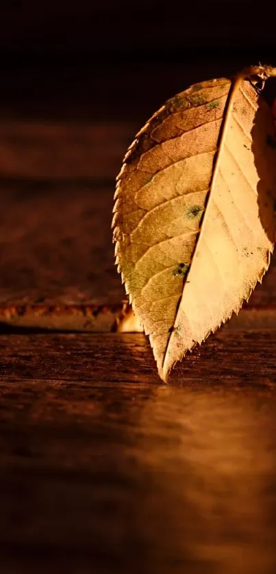 Golden autumn leaf on a wooden surface in warm lighting.