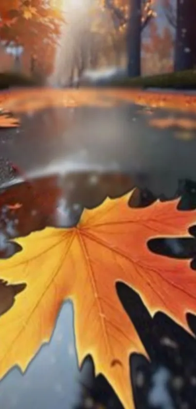 Orange autumn leaf reflecting on wet pavement in serene nature scene.