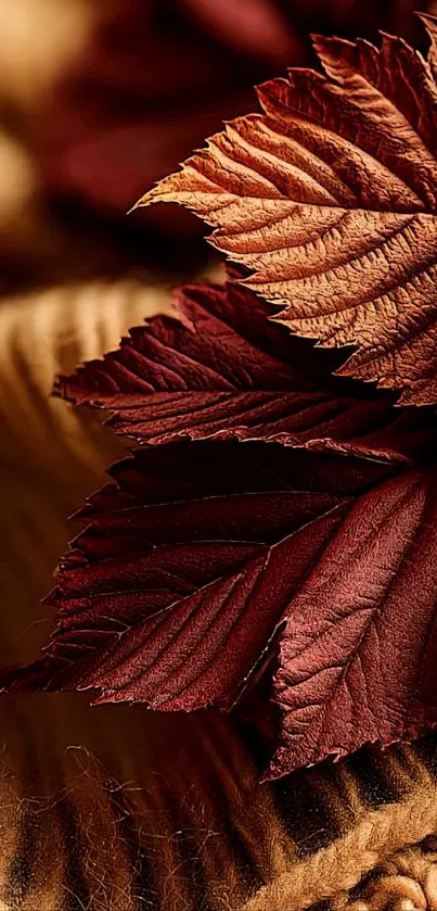 Close-up of a textured autumn leaf with warm brown tones.