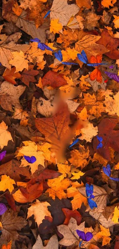 Vibrant autumn leaves with colorful butterflies on the ground wallpaper.