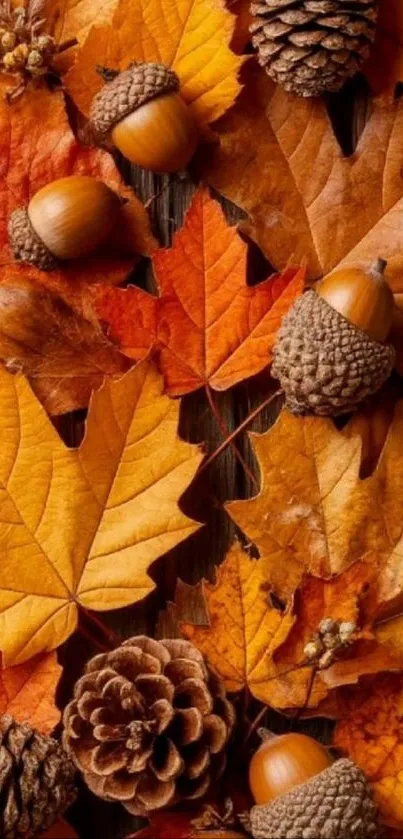 Autumn leaves with acorns and pinecones on wooden surface.