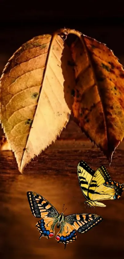 Rustic autumn leaves with butterflies on wood.