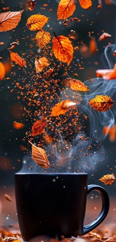 Steaming coffee mug surrounded by floating autumn leaves.