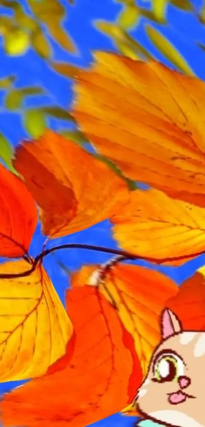 Vibrant autumn leaves with a cute cartoon character set against a blue sky.