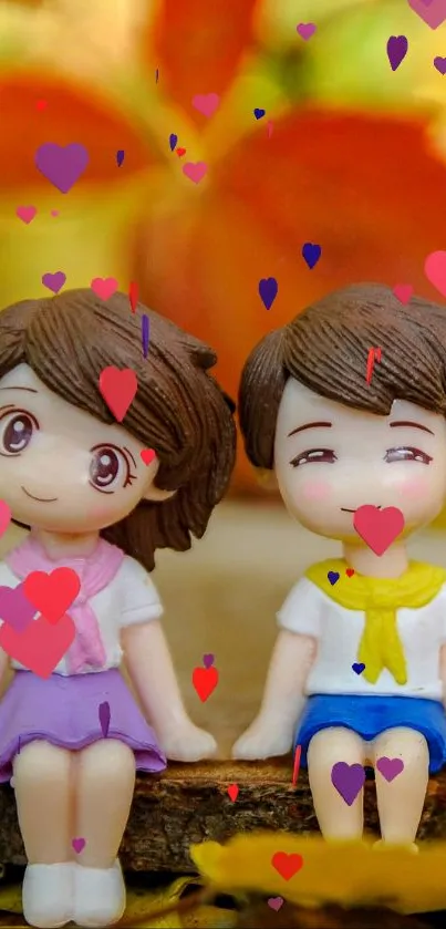 Adorable dolls on wooden stump amidst colorful autumn leaves.