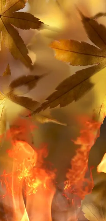 Autumn leaves with fiery flames background.