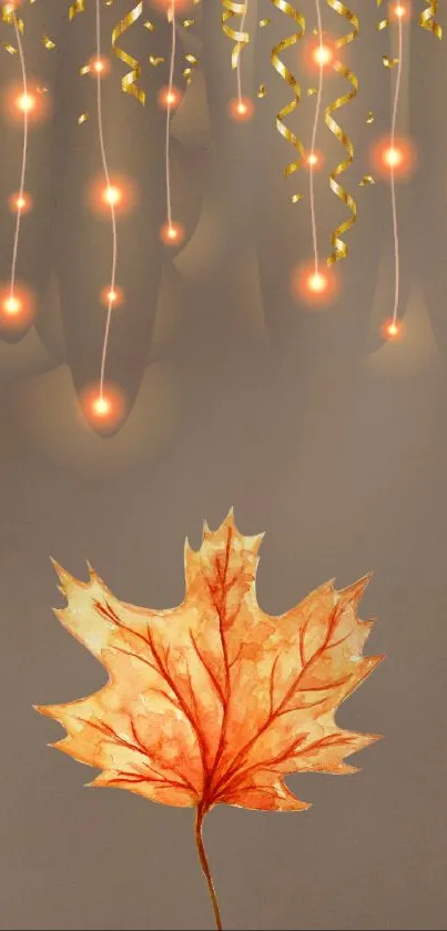 Autumn maple leaf with glowing lights on a soft brown background.