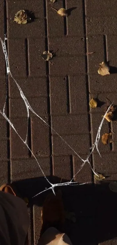 Autumn leaves on a brown walkway casting soft shadows.