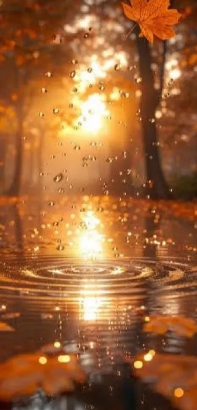 Orange autumn leaves with sunlight and water ripples.