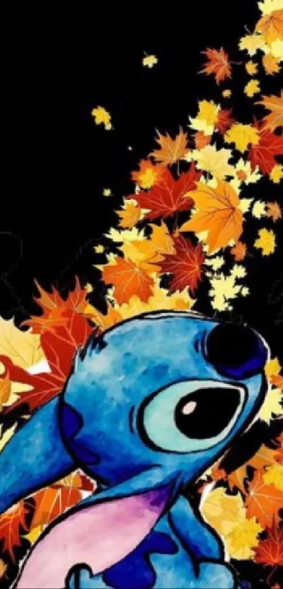 Cute blue character with autumn leaves mobile wallpaper.