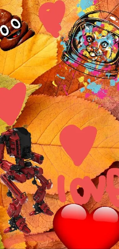 Artistic wallpaper with autumn leaves, hearts, and creative designs.