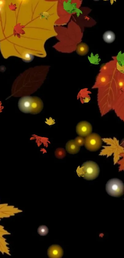 Stylish wallpaper of autumn leaves with glowing accents on a black background.