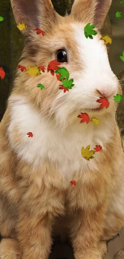 Fluffy brown rabbit with colorful autumn leaves on a mobile wallpaper.