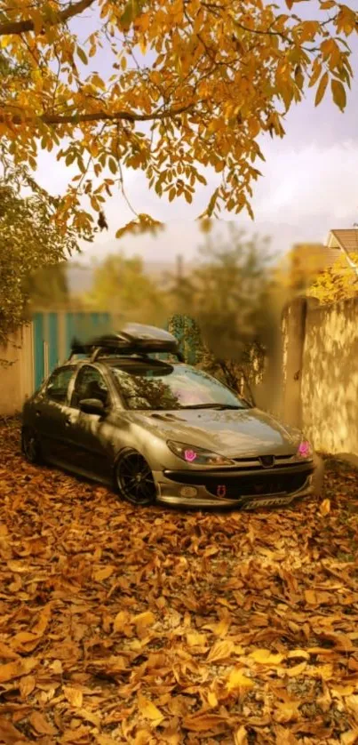 Car parked amidst golden autumn leaves.