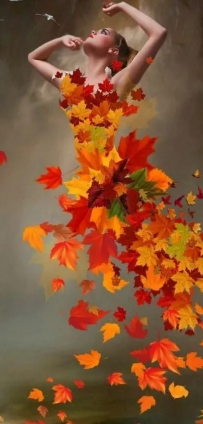 Artistic wallpaper of a woman dancing with autumn leaves dress.