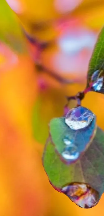 Vibrant autumn wallpaper with dewdrops on leaves.