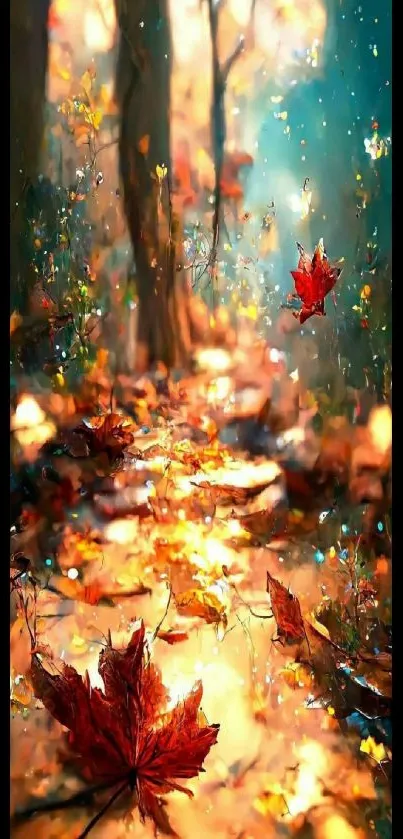 Autumn forest with vibrant orange leaves floating in a dreamy atmosphere.