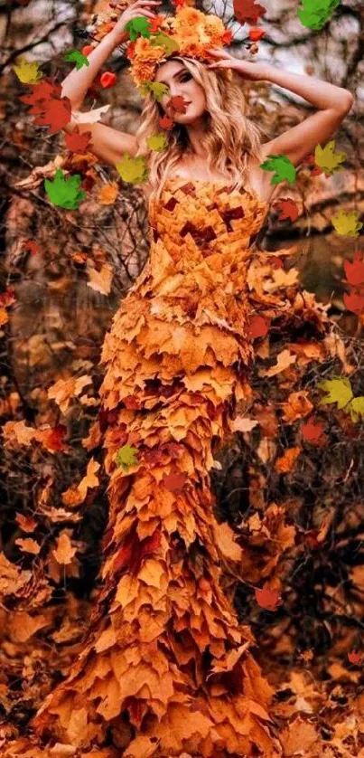 Fashionable woman in orange leaf dress amidst autumn leaves.