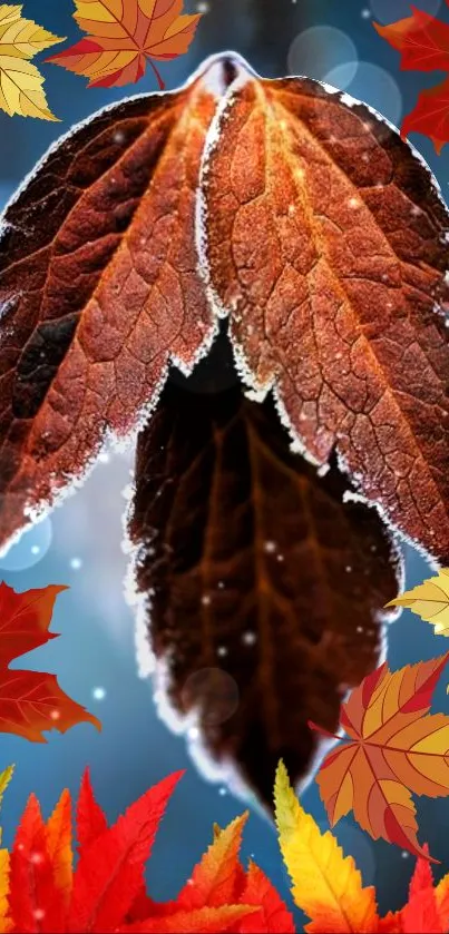 Frosted autumn leaves with vibrant colors in mobile wallpaper.