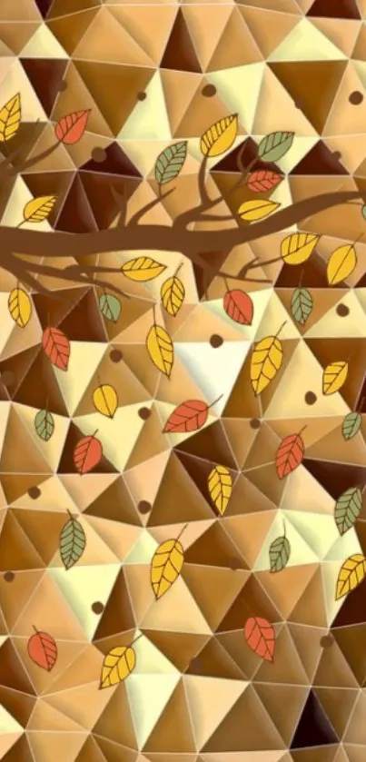 Geometric autumn wallpaper with colorful leaves and a tree pattern.