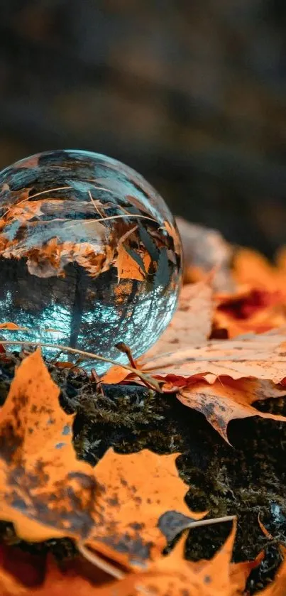 Glass sphere reflecting autumn leaves in vibrant orange hues.