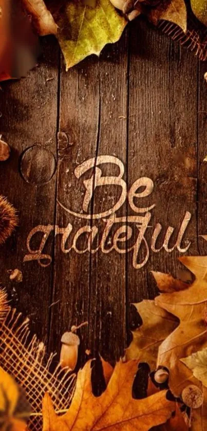 Autumn-themed wallpaper with 'Be Grateful' text and colorful leaves.