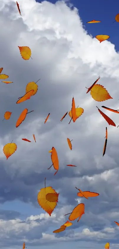 Orange leaves float across a cloudy blue sky.