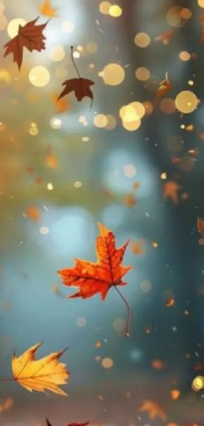 Autumn leaves falling with bokeh lights in the background.