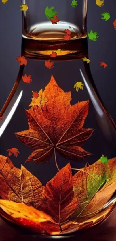 Vibrant autumn leaves in glass vase wallpaper.