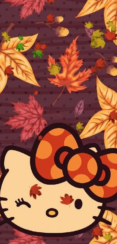 Autumn-themed winking cartoon character with colorful leaves background.