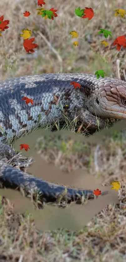 Lizard resting among colorful autumn leaves in a natural setting.