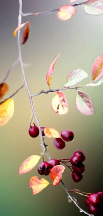 Autumn inspired wallpaper with leaves and berries on blurred background.