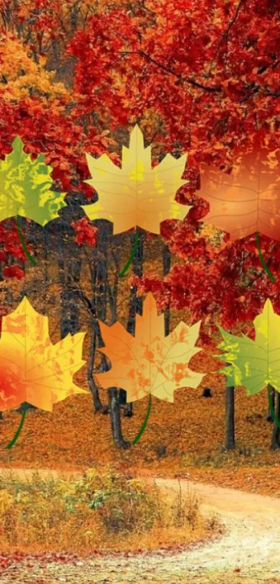 Digital maple leaves on autumn forest path wallpaper.