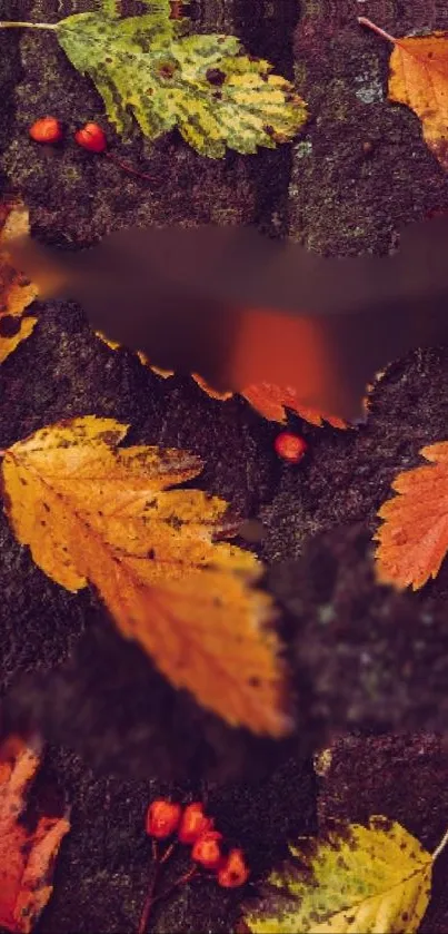 Autumn leaves arranged on a dark, textured background.