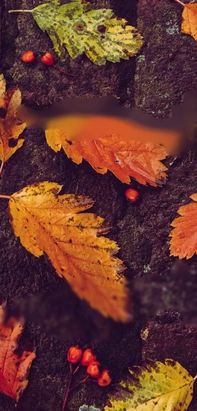 Mobile wallpaper with autumn leaves on a dark background.