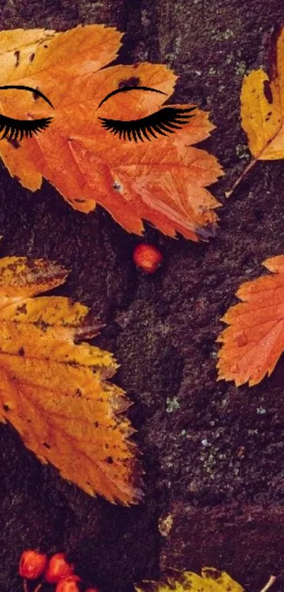 Mobile wallpaper with orange autumn leaves on a dark background.