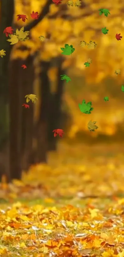 Autumn forest path with falling yellow and green leaves.