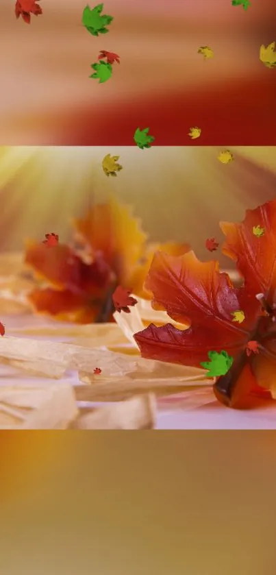 Autumn leaves in golden sunlight wallpaper for mobile devices.