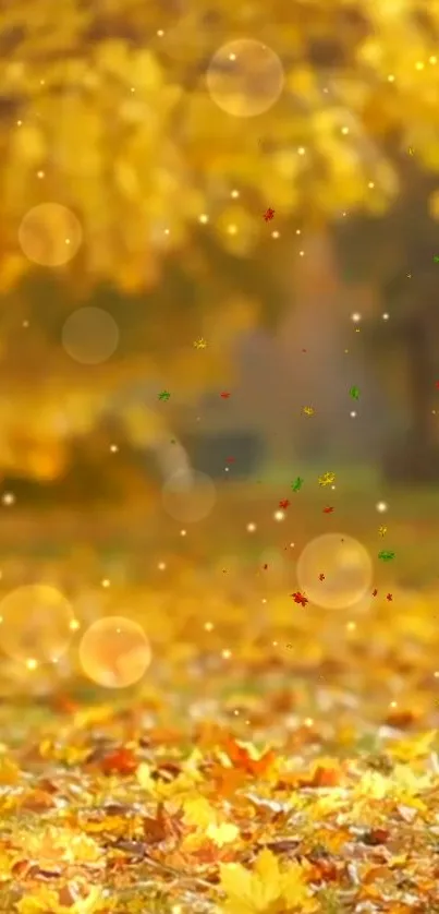 Golden autumn leaves with bokeh effect, perfect for mobile wallpaper.