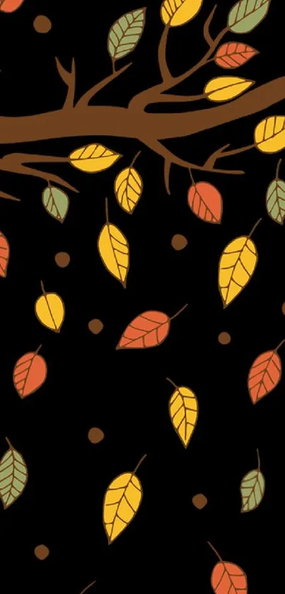 Illustration of colorful autumn leaves falling on a black background.