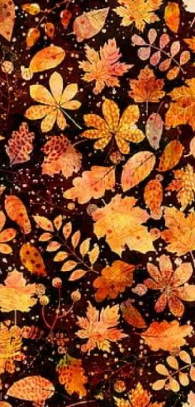 Autumn leaves on a brown background.