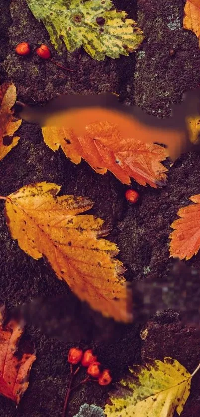 Autumn leaves with dark brown background for mobile wallpaper.