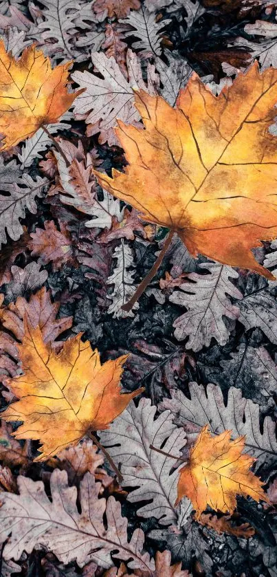 Vibrant autumn leaves on forest floor.